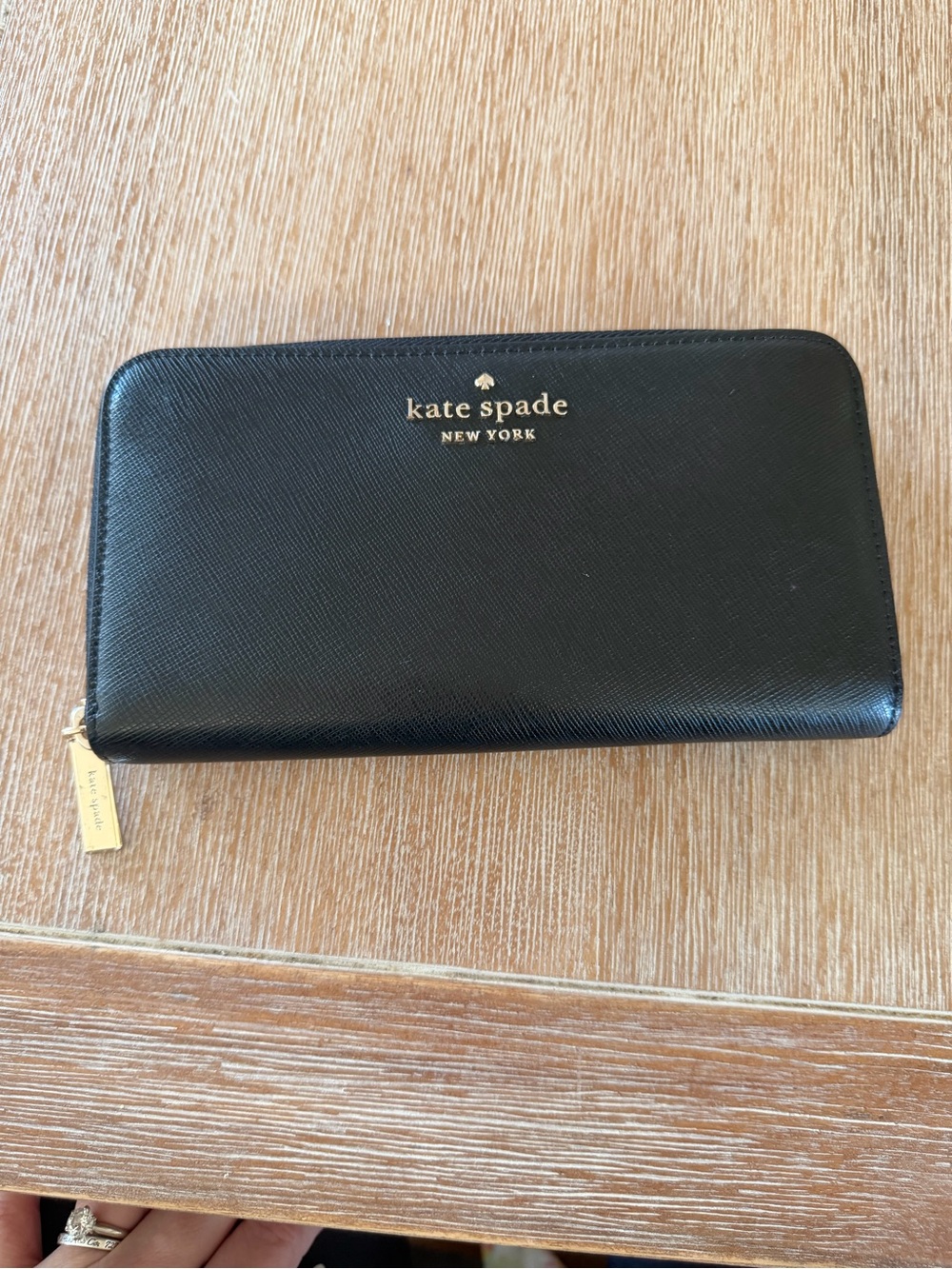 kate spade Black Leather Zip Wallet with Gold Logo